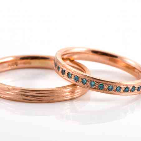 Set verighete din aur roz 14k cu diamante albastre