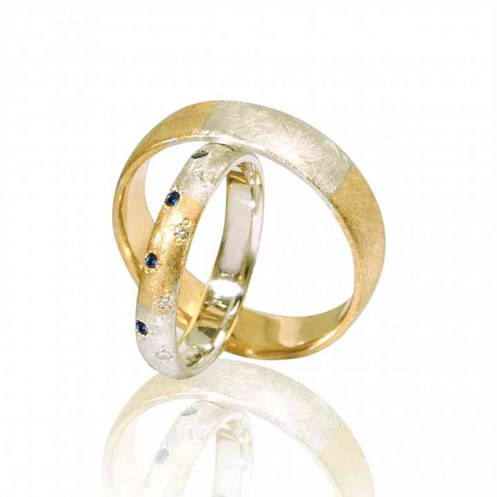Set Verighete "SAPPHO DUO" Din Aur Galben și alb 14K Cu Diamante și safire