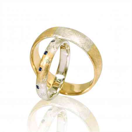 Set Verighete "SAPPHO DUO" Din Aur Galben și alb 14K Cu Diamante și safire