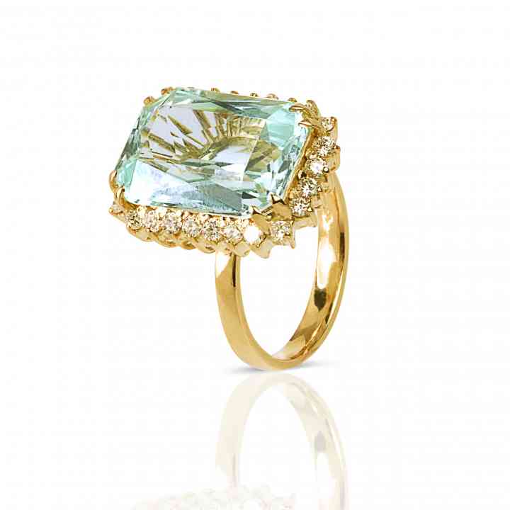 Inel Din Aur Galben 18k Cu Acvamarin și diamante