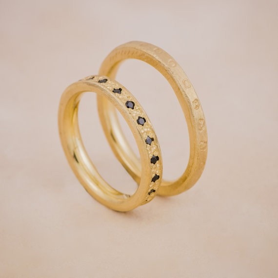 Simbio 14K Gold Wedding Ring Set with Black Diamonds