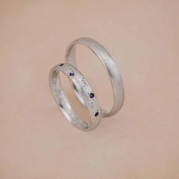 Sappho Wide Wedding Ring Set in 14K White Gold with Diamonds and Sapphires