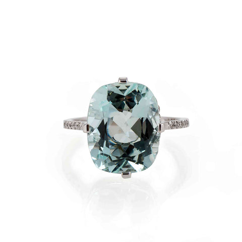 Inel din aur alb 18K cu Aquamarine natural si Diamante