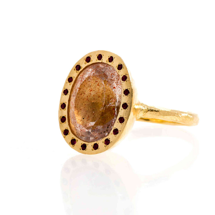 18K Yellow Gold Ring With Natural Quartz and Rubies