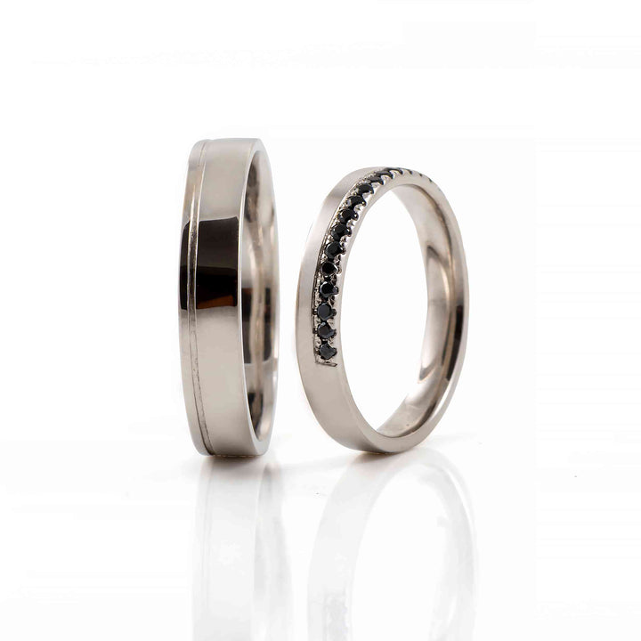 14K white gold wedding ring set with natural black diamonds