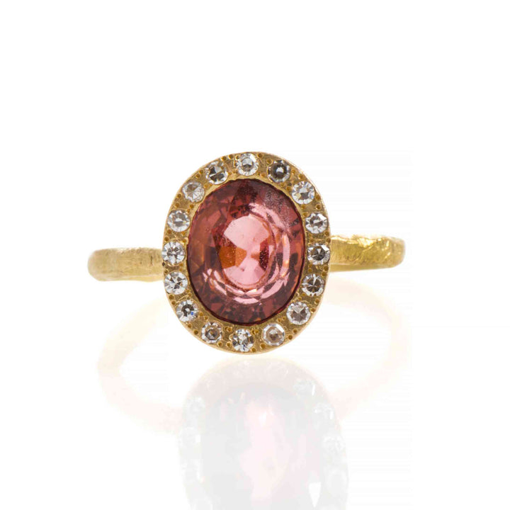 18K yellow gold ring with pink tourmaline and natural diamonds