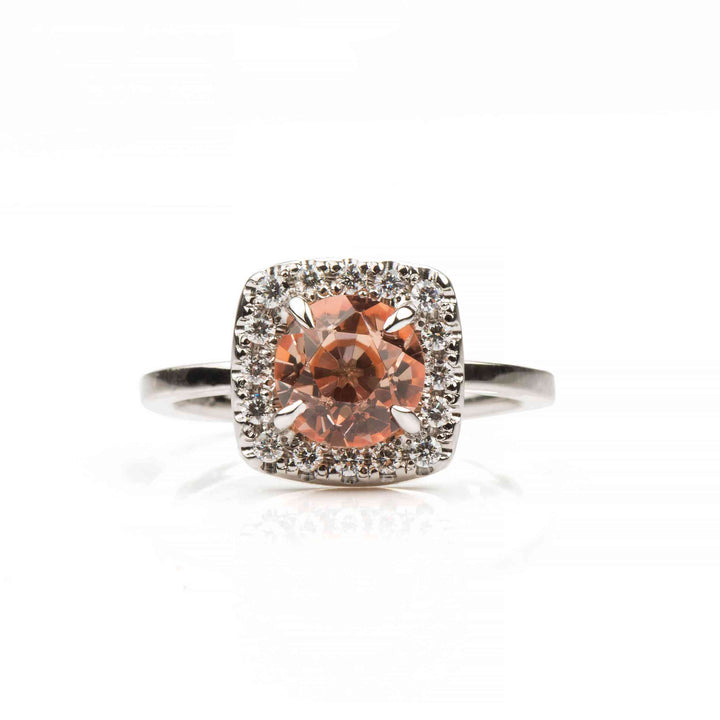 18K white gold engagement ring with paparadcha sapphire and natural diamonds