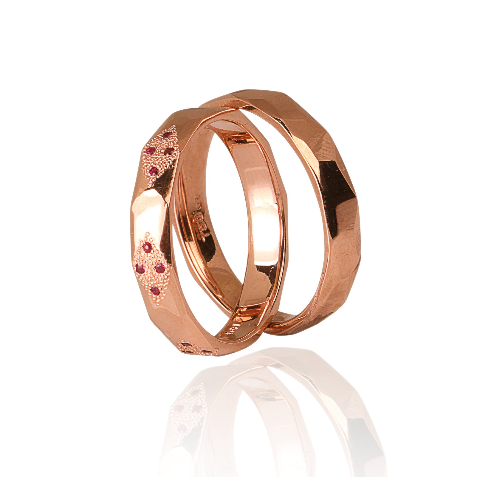"CROSS" 14K Rose Gold Wedding Ring Set with natural rubies