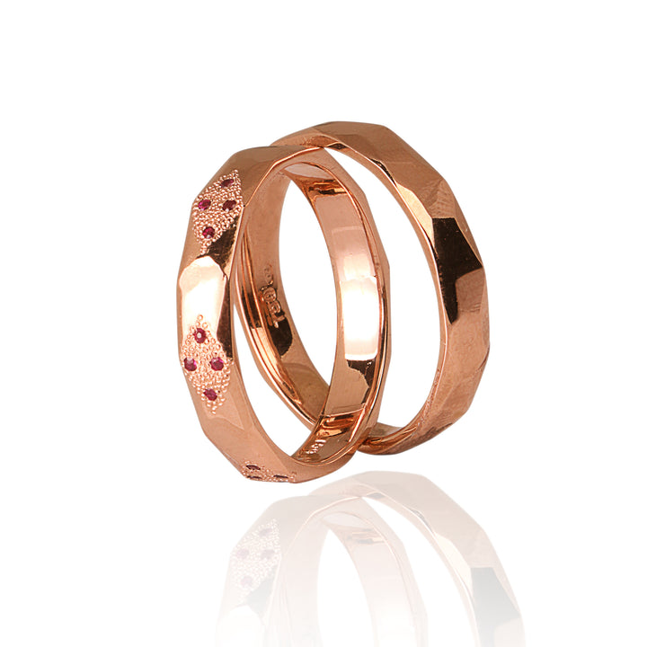 "CROSS" 14K Rose Gold Wedding Ring Set with natural rubies